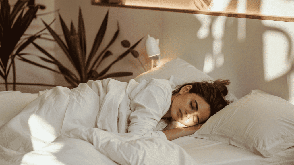 Eine junge Frau die auf dem Bauch schläft in einem hellen weißen Schlafzimmer